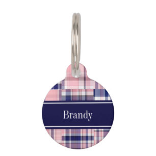 Pink Navy Wht Preppy Patchwork Madras N Monogram Pet Tag
