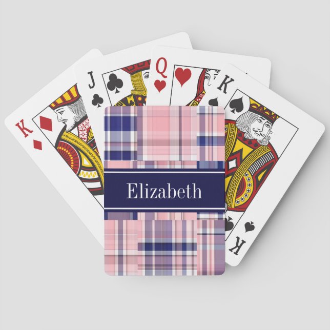 Pink Navy Wht Preppy Patchwork Madras N Monogram Playing Cards (Back)