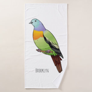 Pink-necked green pigeon bird cartoon illustration bath towel set