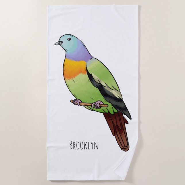 Pink-necked green pigeon bird cartoon illustration beach towel (Front)