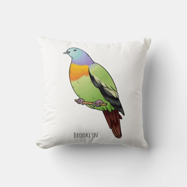 Pink-necked green pigeon bird cartoon illustration cushion (Front)