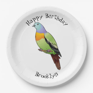 Pink-necked green pigeon bird cartoon illustration paper plate