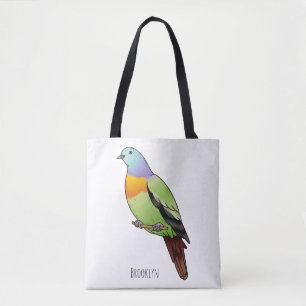 Pink-necked green pigeon bird cartoon illustration tote bag
