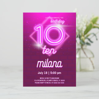 Pink Neon 10th Birthday Party Invitation Card
