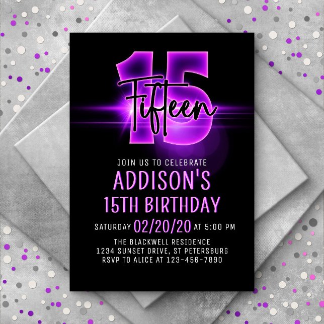Pink Neon 15th Birthday Invitation (Creator Uploaded)