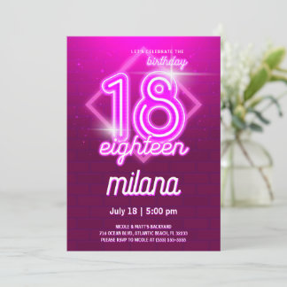Pink Neon 18th Birthday Party Invitation Card