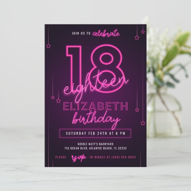 Pink Neon 18th Birthday Party Let's Glow Crazy Invitation (Standing Front)
