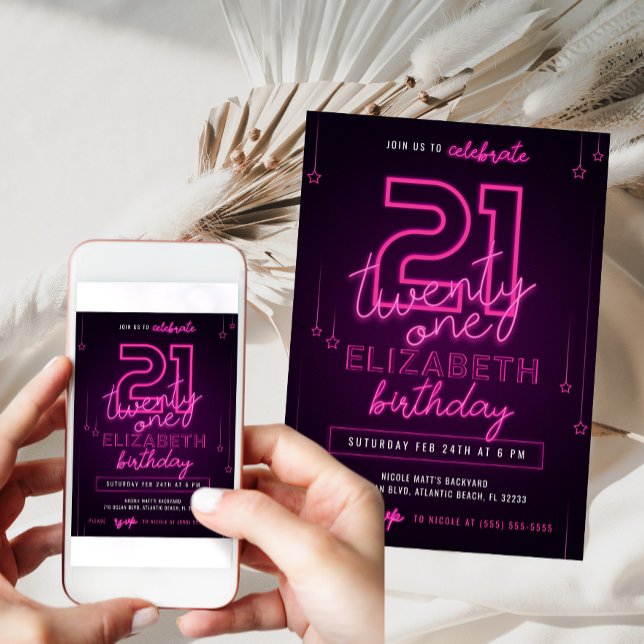 Pink Neon 21st Birthday Party Let's Glow Crazy Invitation (Creator Uploaded)