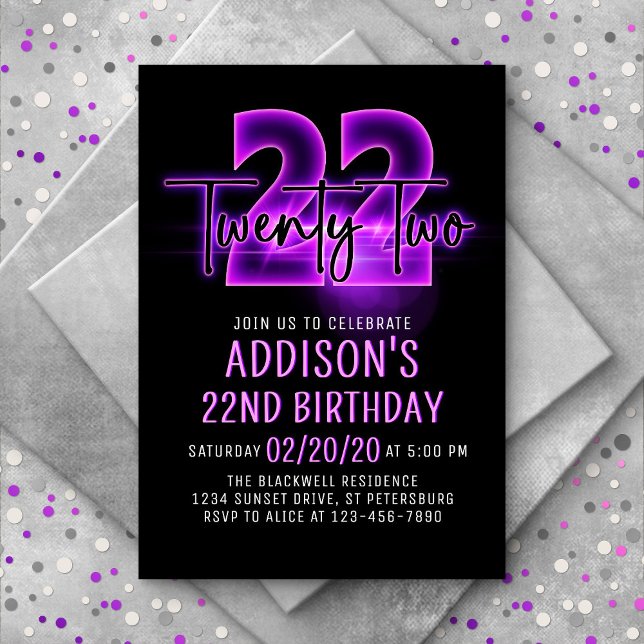 Pink Neon 22nd Birthday Invitation (Creator Uploaded)