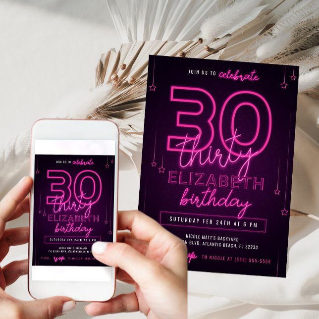 Pink Neon 30th Birthday Party Let's Glow Crazy Invitation (Creator Uploaded)