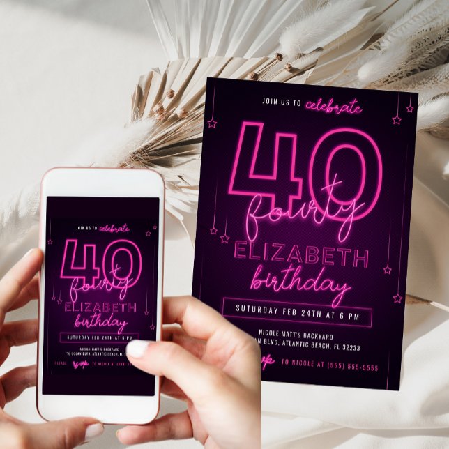 Pink Neon 40th Birthday Party Let's Glow Crazy Invitation (Creator Uploaded)