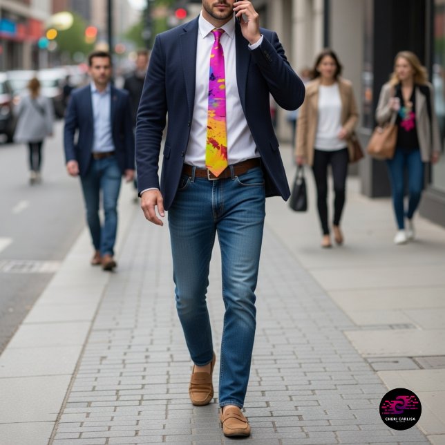 Pink Neon Abstract Paint Splash Tie (Polished fit. Main character tie.)