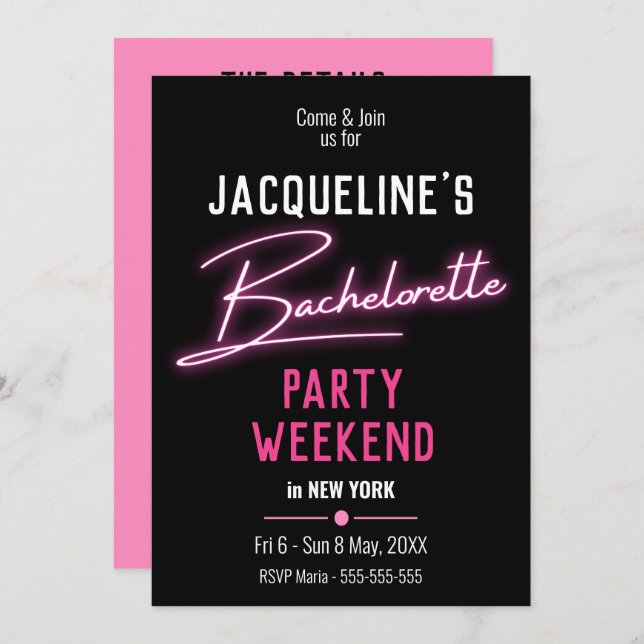 Pink Neon Bachelorette Party Weekend Itinerary Invitation (Front/Back)