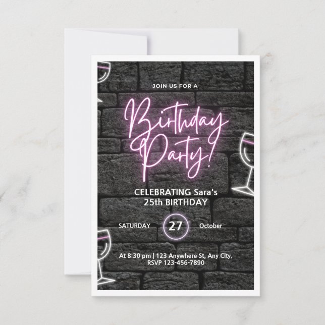 Pink Neon Birthday Party Customised Invitation (Front)