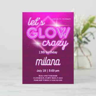 Pink Neon Birthday Party Invitation Card