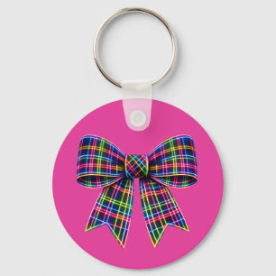 Pink Neon Bow Tartan Ribbon Scottish Cute Key Ring