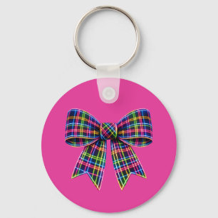 Pink Neon Bow Tartan Ribbon Scottish Cute Key Ring