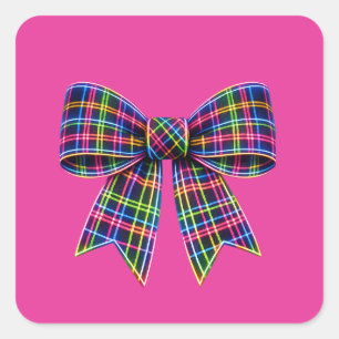 Pink Neon Bow Tartan Ribbon Scottish Cute Square Sticker