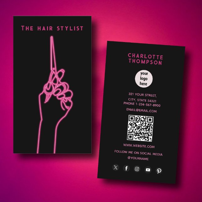 Pink Neon Business Logo Hairdresser Hair Stylist  Business Card (Pink Neon Business Logo Hairdresser Hair Stylist Business Card)