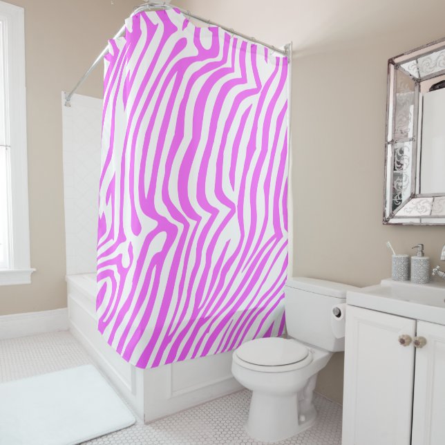 Pink neon colour zebra pattern shower curtain (In Situ)