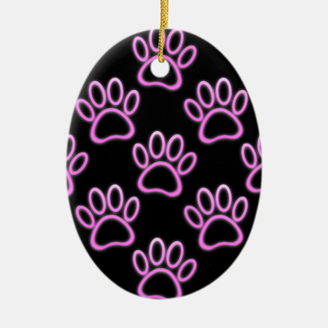 Pink Neon Dog Paw Print Ceramic Tree Decoration (Front)