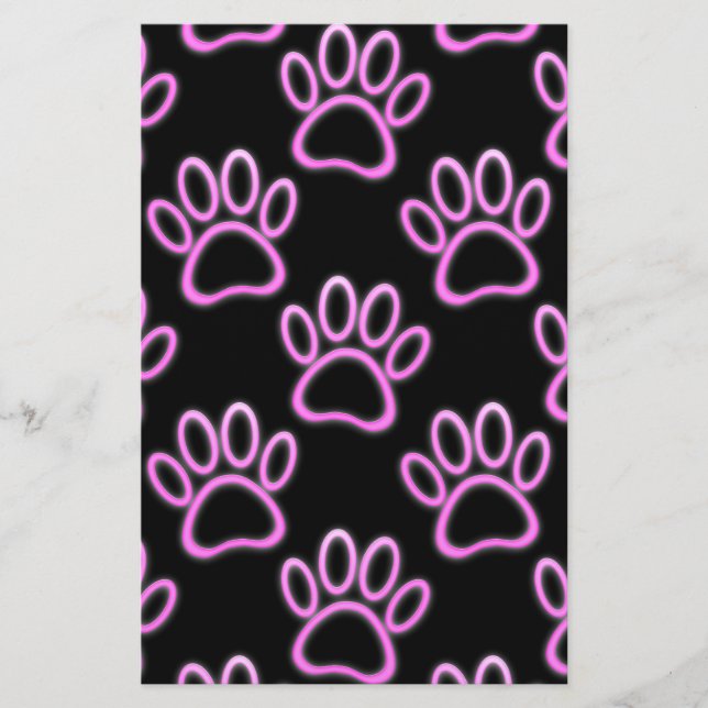 Pink Neon Dog Paw Print Stationery (Front)