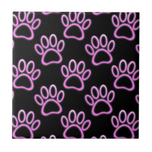Pink Neon Dog Paw Print Tile