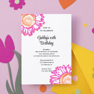 Pink Neon Flower Birthday Party Invitation