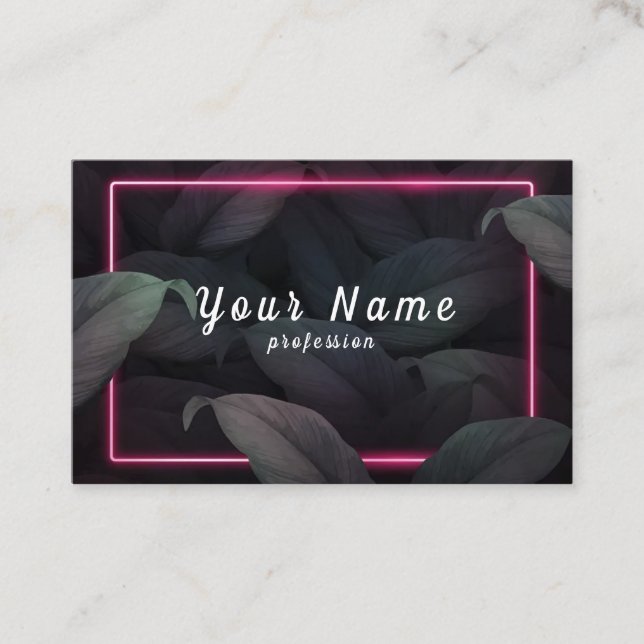 Pink neon frame on tropical leaves vector business card (Front)