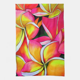 Pink neon Frangipani Plumeria Beach art Tea Towel