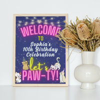 Pink Neon Glow Cute Cat Kittens Pawty Welcome Sign