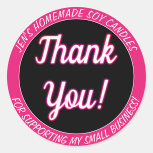 Pink Neon Glowing Thank You Business Labels Black
