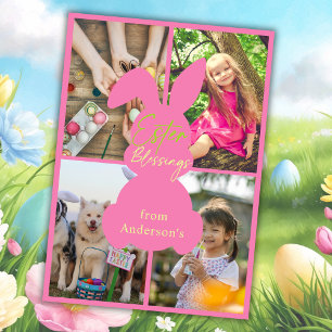Pink Neon Happy Easter Bunny Ears 4 Photos Collage Holiday Card