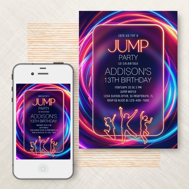Pink Neon Jump Birthday Invitation (Creator Uploaded)