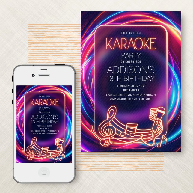 Pink Neon Karaoke Birthday Invitation (Creator Uploaded)