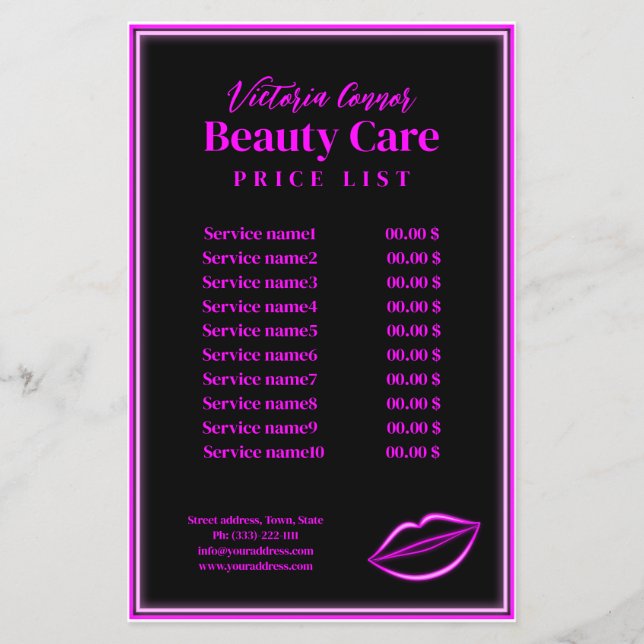 Pink Neon Light Lips Price List Black Flyer (Front)