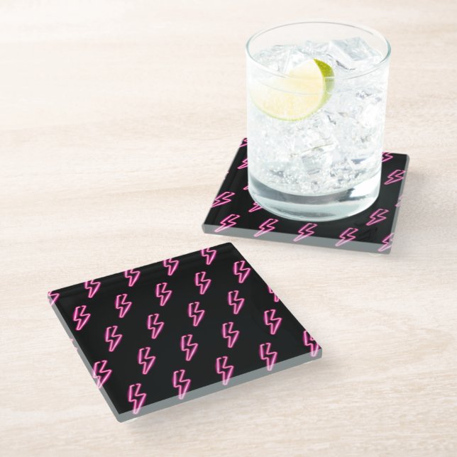 Pink Neon Lightning Bolt Pattern Glass Coaster (Angled)