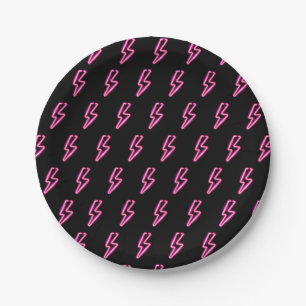 Pink Neon Lightning Bolt Pattern Paper Plate