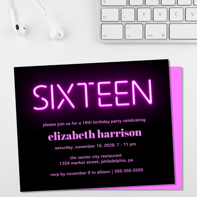 Pink Neon Lights 16th Birthday Party Invitation (Creator Uploaded)