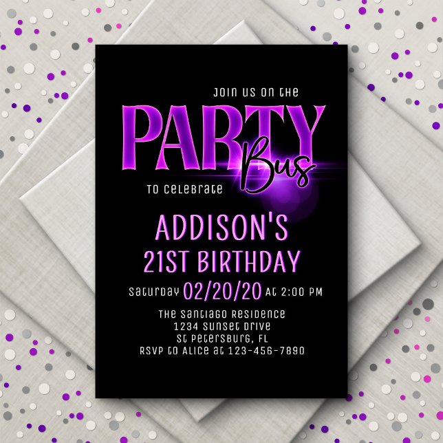 Pink Neon Party Bus Birthday Invitation (Creator Uploaded)