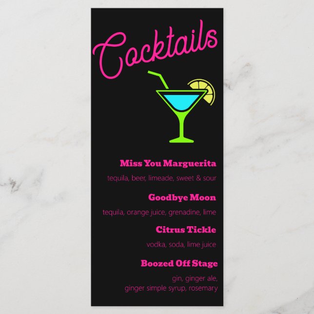 Pink Neon Sign Cocktails Menu (Front)