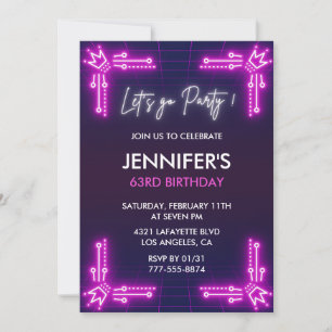 Pink Neon Simple 63rd birthday invitations Girl 