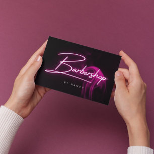 Pink Neon Smoke Barbershop Handwritten Script  Business Card