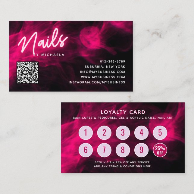 Pink Neon & Smoke Nail Salon QR Code Loyalty Card (Front/Back)