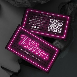 Pink Neon Tattoo Artist Black Brick Wall & QR Code Business Card