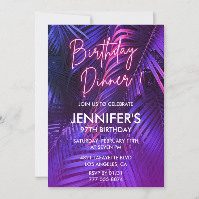Pink Neon Tropical Dinner 97th birthday Invitation (Front)
