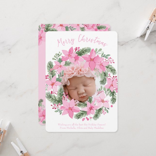 Pink New Baby Photo Christmas Card Girl Poinsettia (Front/Back In Situ)