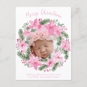 Pink New Baby Photo Christmas Card Girl Poinsettia