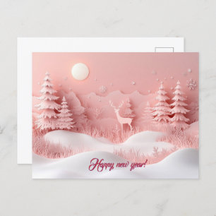 Pink New Year Snowy Forest Postcard
