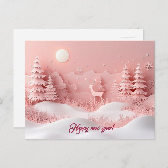 Pink New Year Snowy Forest Postcard (Front/Back)